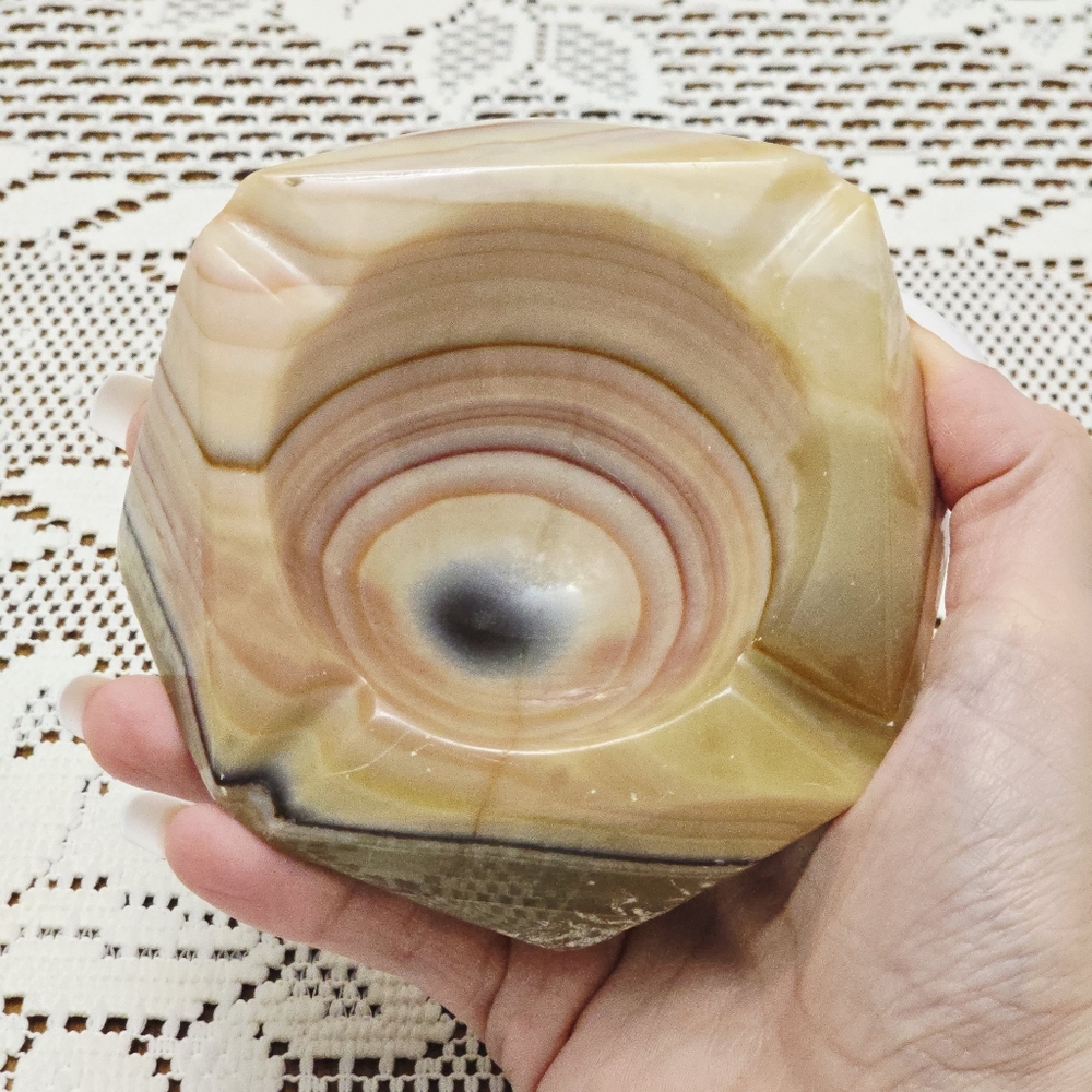 Vintage MCM Onyx Ashtray Marble Alabaster Heavy Stone Cream Green Pink Tan - Picture 11 of 16